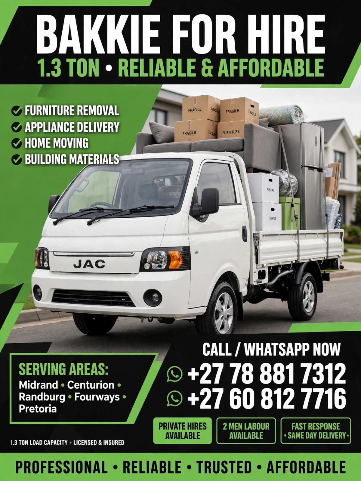 1.5 Ton Flatbed for hire in South Africa, Gauteng